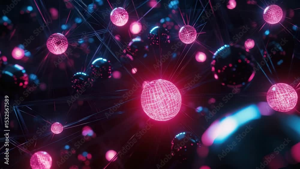 Poster Glowing interconnected spheres represent a digital or neural network in a vibrant, futuristic setting.