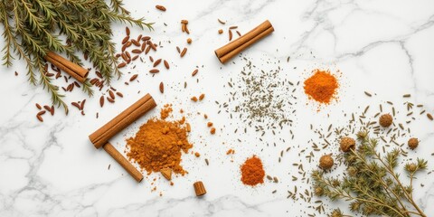 Earthy Spices Still Life on White Marble
