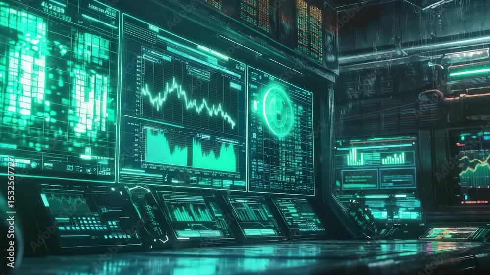 Poster A futuristic control room filled with glowing digital screens displaying complex data graphs and analytics.