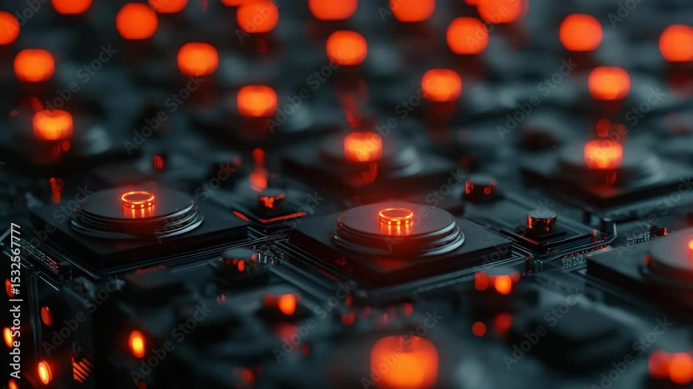 Poster A close-up view of glowing red buttons on a dark electronic circuit board, creating a futuristic and high-tech atmosphere.