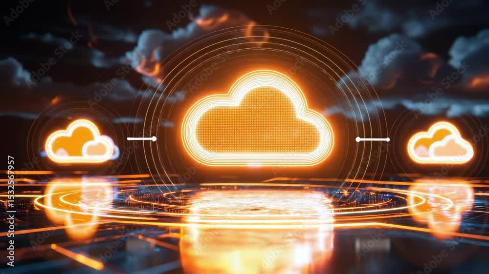 Aufkleber a glowing digital cloud surrounded by neon lights and futuristic data elements in a high-tech virtua