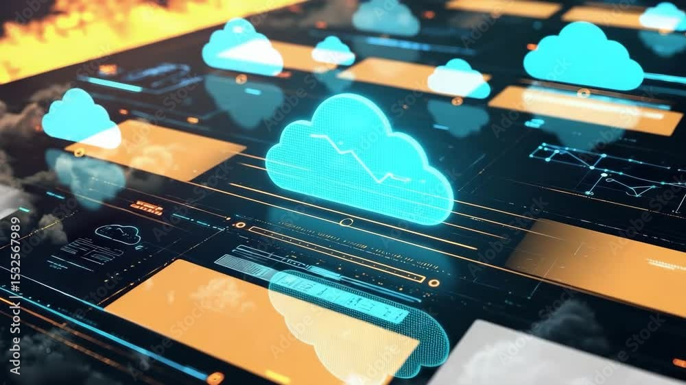 Poster A digital cloud icon displays among futuristic data panels, symbolizing cloud computing and advanced digital technology.