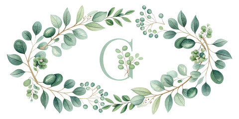 Watercolor Wreath Monogram G, Floral Letter Design, Isolated on Transparent Background, Eucalyptus, Greenery, Monogram