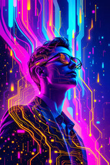 Futuristic digital portrait of man with neon lights