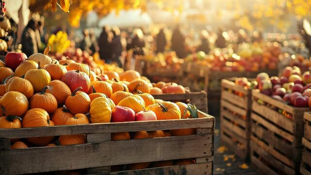 Autumn harvest: Pumpkins and apples in wooden crates at a fall market.