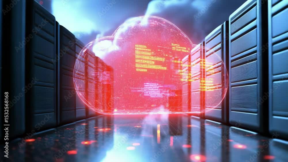 Poster A glowing digital cloud with data streams and code floats above a futuristic cityscape, representing modern cloud computing technology.