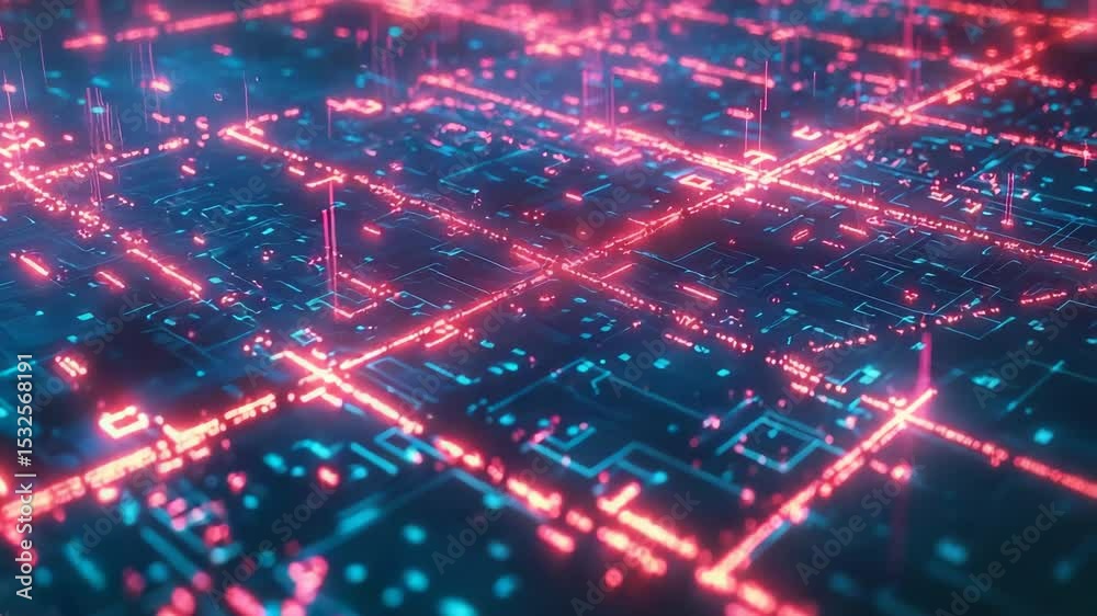 Poster A futuristic digital cityscape with glowing neon lines and data points representing technology and connectivity.