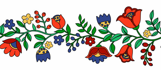 Seamless border of abstract fantasy flowers in folk style. Vector illustration in doodle style