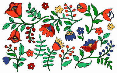 Set of abstract fantasy flowers and leaves in folk style. Vector illustration in doodle style