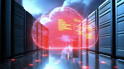 A glowing digital cloud with data streams and code floats above a futuristic cityscape, representing modern cloud computing technology. - Powered by Adobe