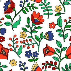 Seamless pattern of abstract fantasy flowers in folk style. Vector illustration in doodle style
