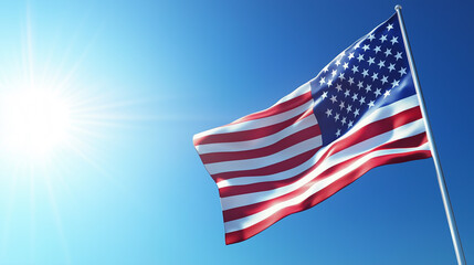 Obraz premium American Flag Waving in Bright Sunlight and Blue Sky