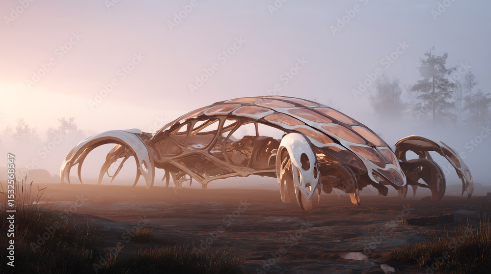 Poster a bioengineered vehicle resembling a muscular organism is showcased in a foggy environment. its uniq