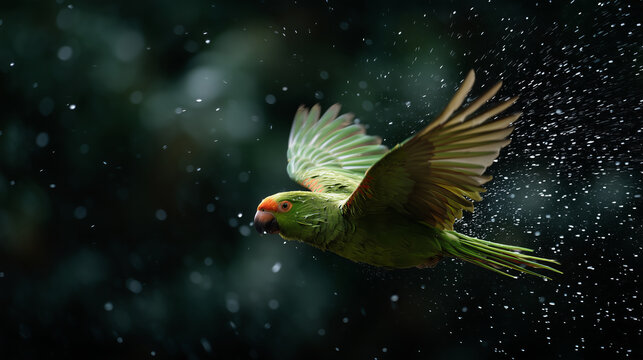 Green parrot captured flying through misty air with detailed feathers visible