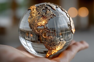 Holding Illuminated Globe Showing North America in Hand with Bokeh Lights