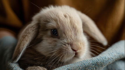 Close-up of a fluffy rabbit resting on a soft blanket