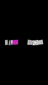 ILOVEYOU large text created with cut out letters from right and left of varying backgrounds and sizes pasted onto a BLACK  background in Vertical Layout