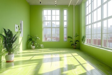 Fototapeta premium Sunny, green room with plants and city views