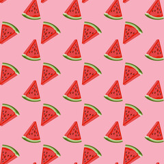 Vector cute summer pattern with red watermelon slices on pink background, summer flat berries, summer theme, summer patterns for various products