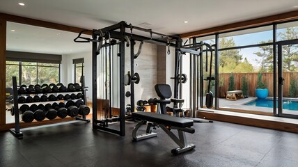 A modern home gym features state equipments, including treadmills, weight benches and a weight rack.