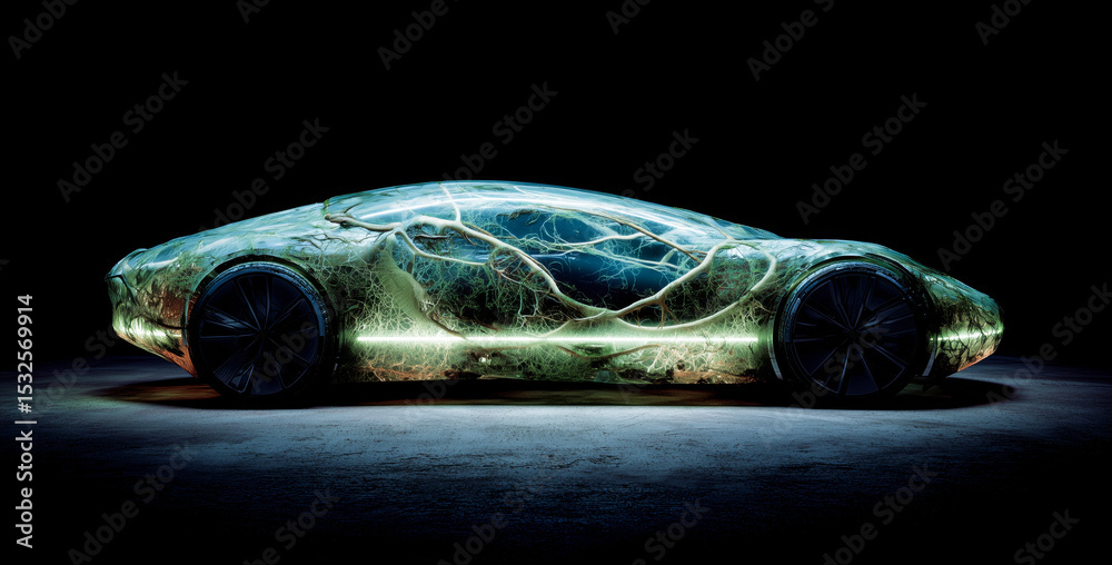 Poster a sleek vehicle designed with artificial biotissue technology merges organic materials and advanced 