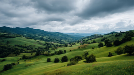 Fototapeta premium Rolling green hills under a cloudy gray sky in a tranquil landscape