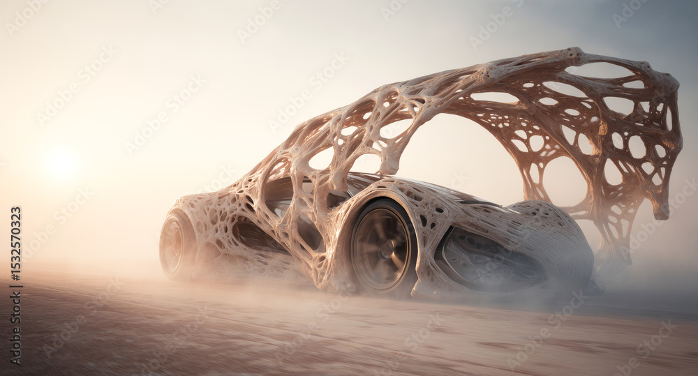 Poster a revolutionary bioengineered vehicle featuring a unique structure made of artificial biotissue.