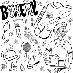 Bakery set, outline vector collection for menu, restaurant. Baking tools: jug. tray, mixer, spatula, spoons, sieve. Spices: anis, carnation, saffron, cinnamon, lemon. Isolated on white background.
