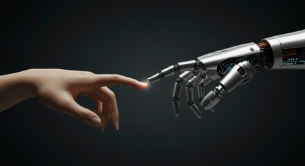 Naklejka premium Human and robotic hands gently touch, symbolizing technological advancement and human-machine interaction. A futuristic concept