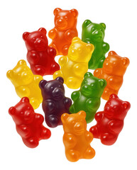 Assorted colorful gummy bear candies in red, orange, yellow, and green flavors, arranged randomly.