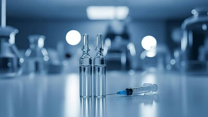 Glass vials and syringe are placed on a laboratory table, surrounded by blurred laboratory equipment, creating a scientific atmosphere - Powered by Adobe