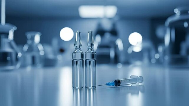 Glass vials and syringe are placed on a laboratory table, surrounded by blurred laboratory equipment, creating a scientific atmosphere