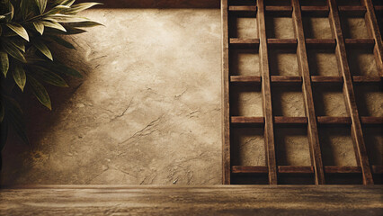Old weathered wooden ornate frame on a dirty grunge wall