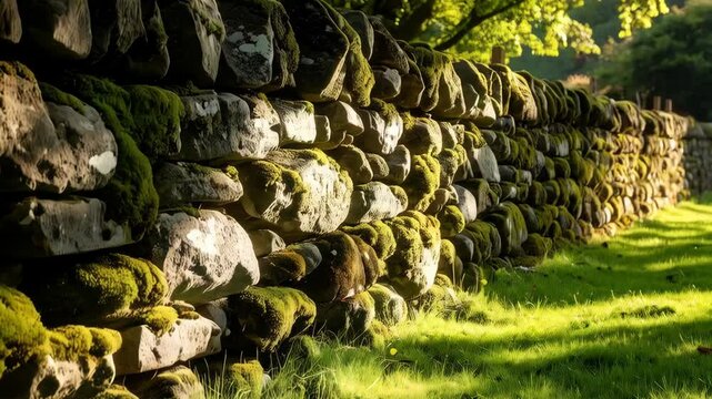 Stone wall covered with moss, constructed with rough hewn rocks, green meadow at sunny day in the countryside.