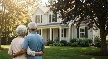 Elderly couple admiring their new home, embracing, standing on a lush green lawn