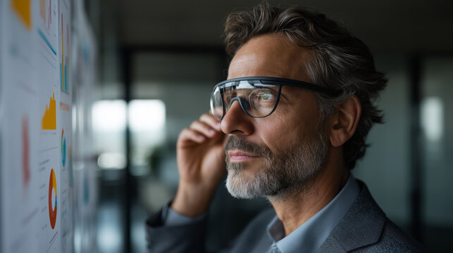 Businessman analyzing data charts wearing augmented reality glasses in modern office setting