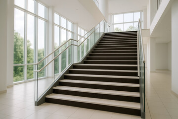 Modern indoor staircase with glass railings in bright minimalist building featuring large windows and natural daylight
