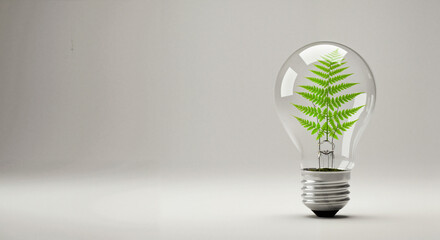 Light bulb with green fern plant inside on neutral background  