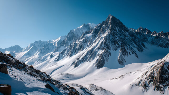 Majestic snow-capped mountains under a vibrant blue clear sky
