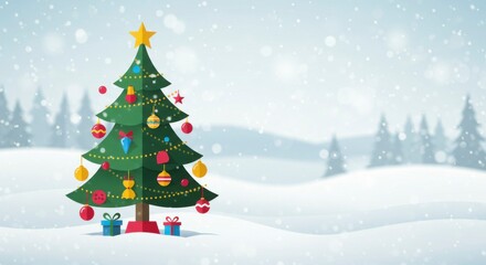 Obraz premium Festive Christmas tree adorned with colorful ornaments stands in snowy winter landscape. Presents rest at its base