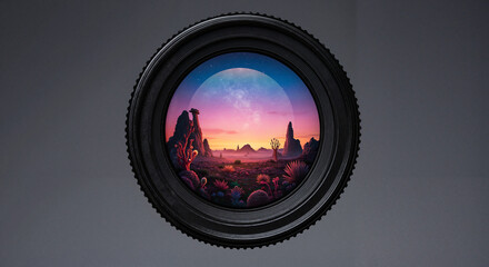 Colorful landscape captured through a camera lens with mountains  