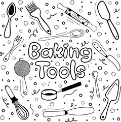 Doodle baking tools, vector hand drawn illustration. equipment: mixer, spoon, fork, roll, spatula, sieve. Sketch style. 