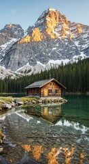 Fototapeta premium Scenic Mountain Cabin Surrounded by Forest and Reflection in Clear Lake During Sunset