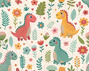 Seamless Pattern with Cute Colorful Dinosaurs – Fun Dinosaurs Animal Illustration for Kids and Nursery Wall Art Background, Textile or Fabric Prints