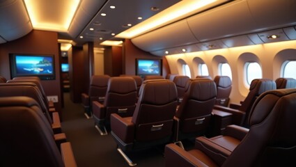 A highly realistic and detailed close-up of a business class cabin interior in a commercial airliner, featuring sumptuous, dark brown leather seats with subtle stitching and gentle creases, arranged i