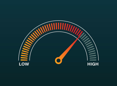 Progress bar with arrow icon in flat style. Meter gauge vector illustration on isolated background. Risk level sign business concept.