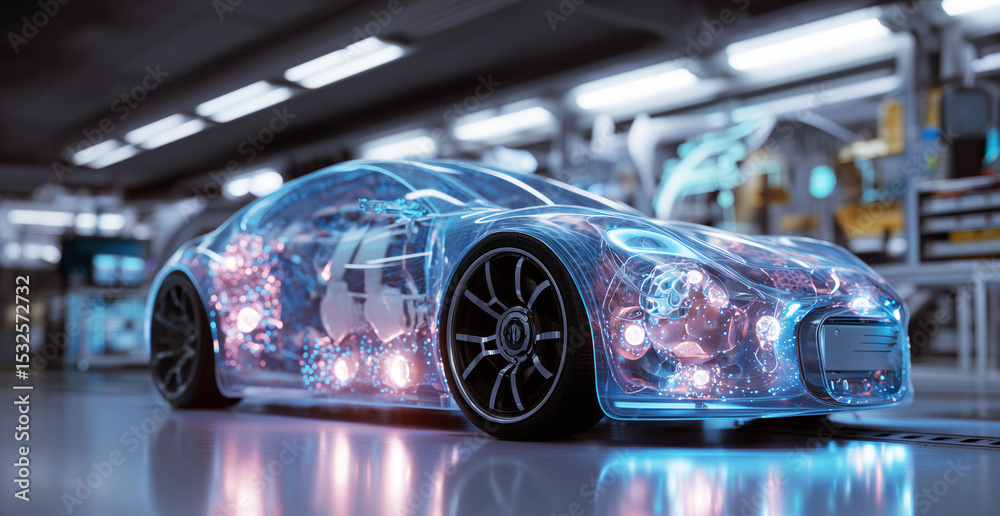 Aufkleber A futuristic vehicle designed with bioengineered features is displayed in a high-tech lab.