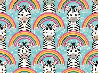 Seamless Pattern with Cute Colorful Zebra. Hand Drawn Animal Background Illustration for Kids and Nursery Design
