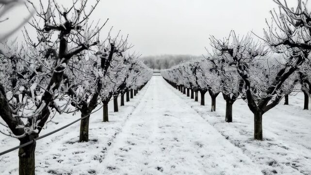 Symmetrical row of leafless trees covered in frost line a path through snowy orchard on a winter morning.