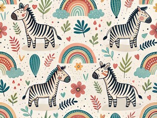 Seamless Pattern with Cute Colorful Zebra. Hand Drawn Animal Background Illustration for Kids and Nursery Design
